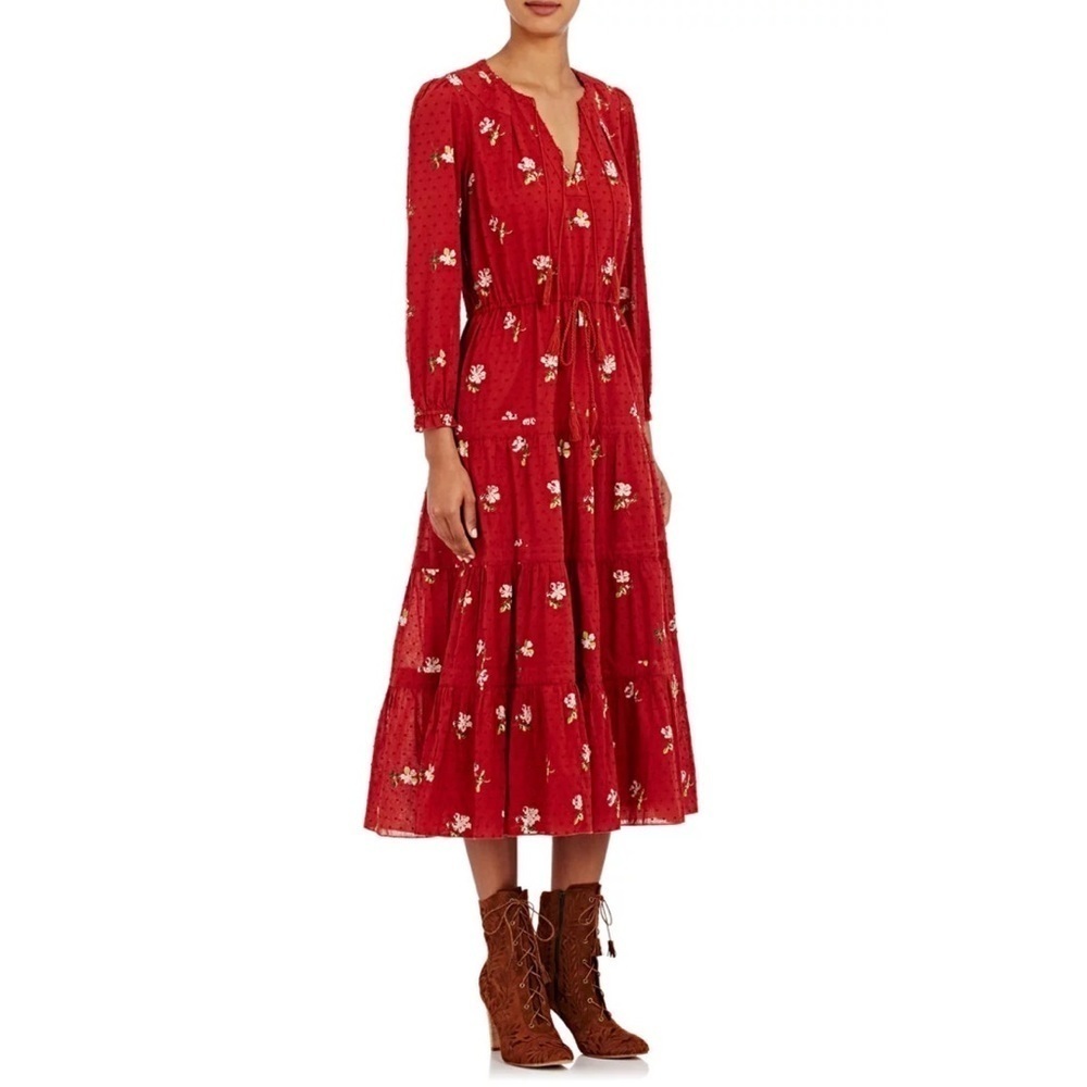 Ulla Johnson Red Floral Swiss Dot Clementine Midi Dress